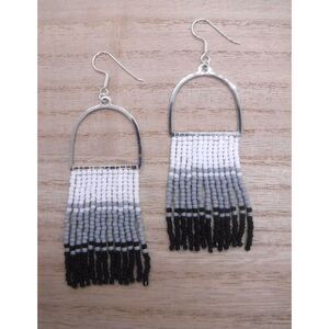 Earrings Beaded Silver w/ White, Gray and Black